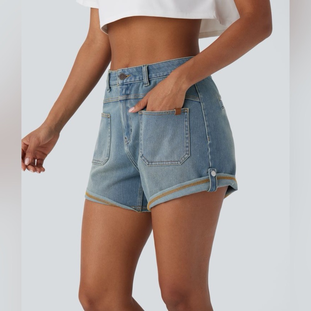 HALARA Light Blue High-Rise Rolled Hem Denim Shorts
